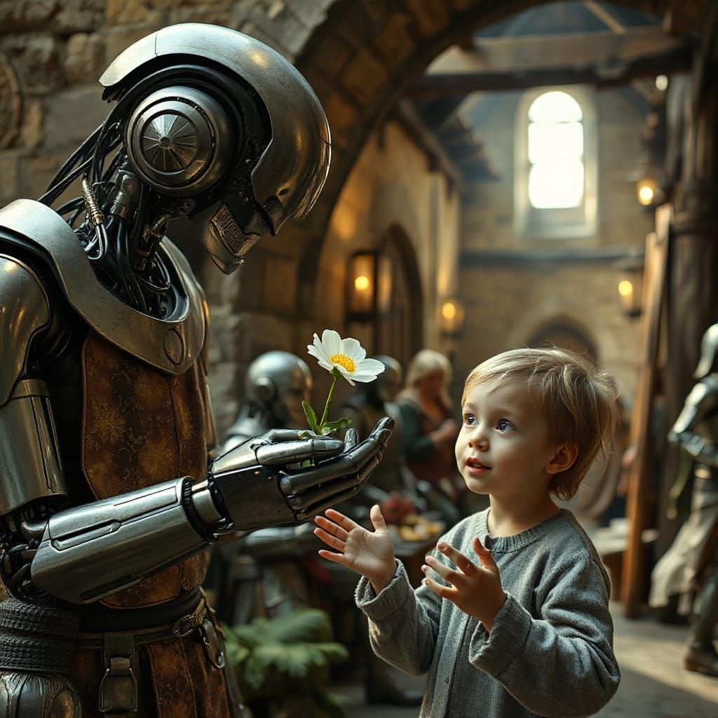 Android Offers Glowing Flower to Curious Child in Medieval V...