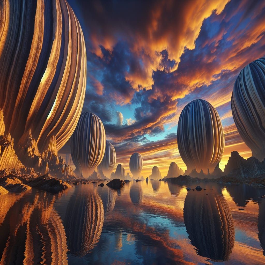 Surreal Landscape with Giant Bean-Shaped Rocks at Dawn