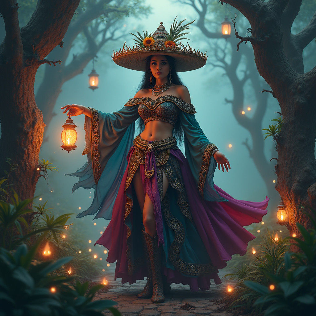 Mystical Latin American Sorceress in Fantasy Environment