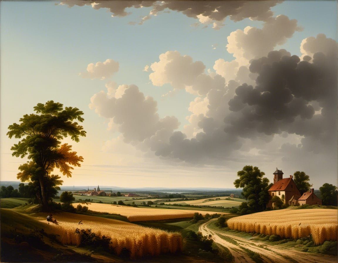 Vintage Wheat Field Landscape Oil Painting