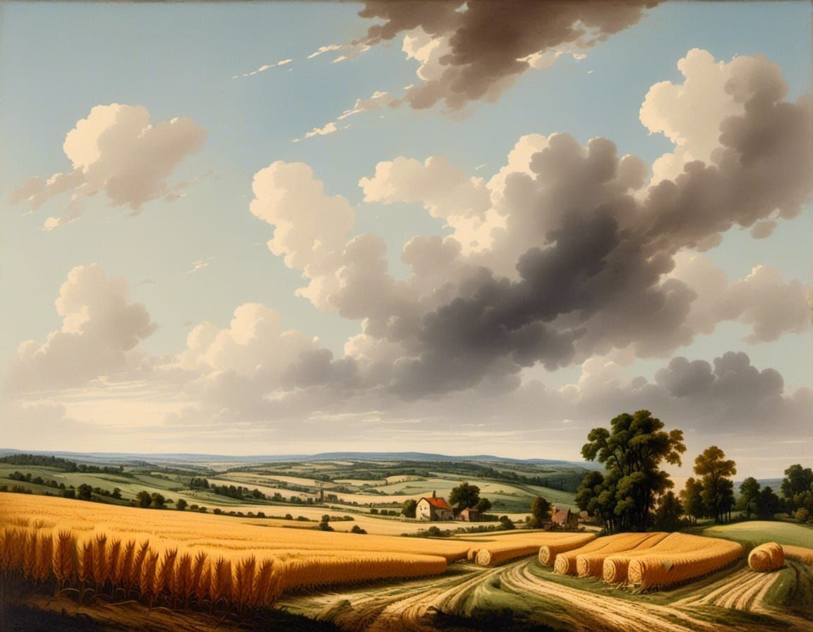 Vintage Wheat Fields Landscape Oil Painting