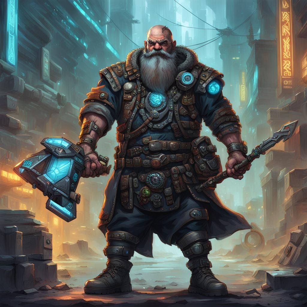 Cyberpunk Dwarf Warrior with Techno Boomerang