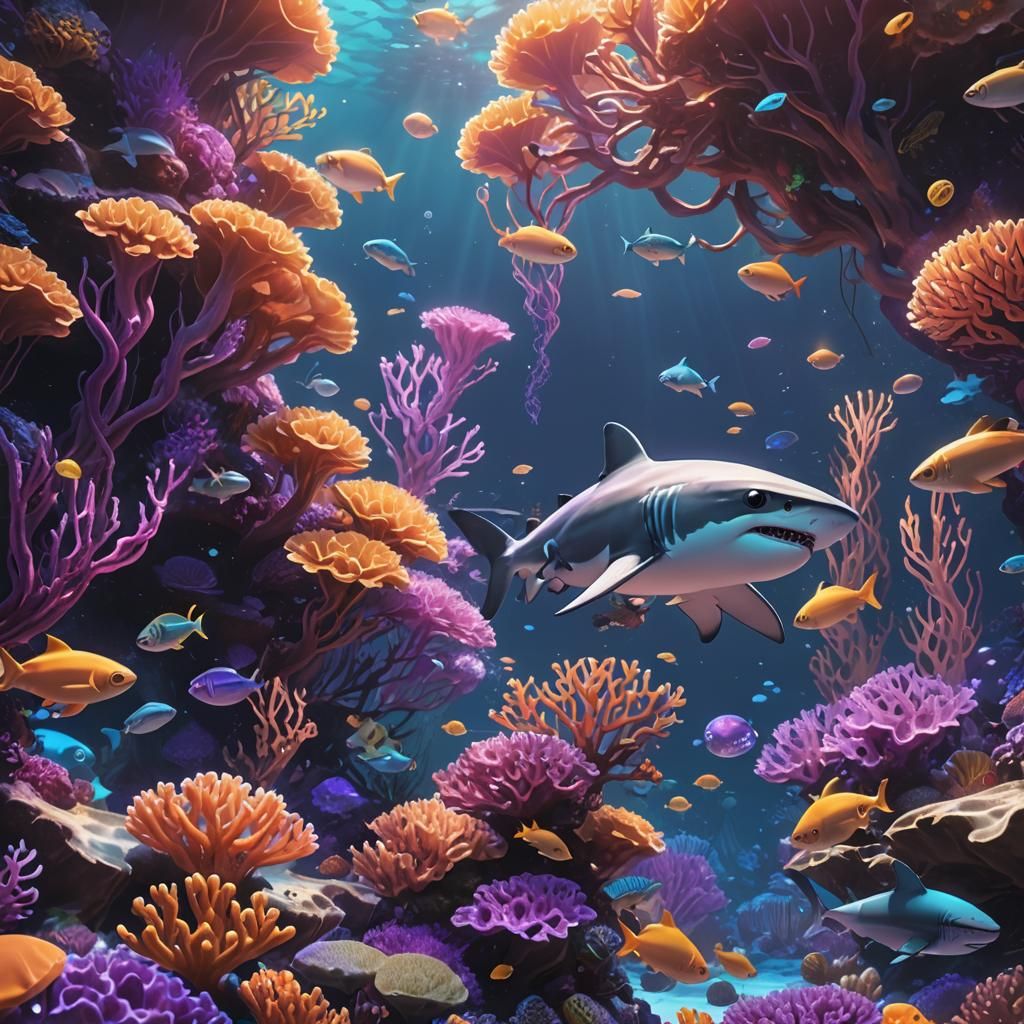 Baby Shark Swims Through Coral Reef in Fantasy Art