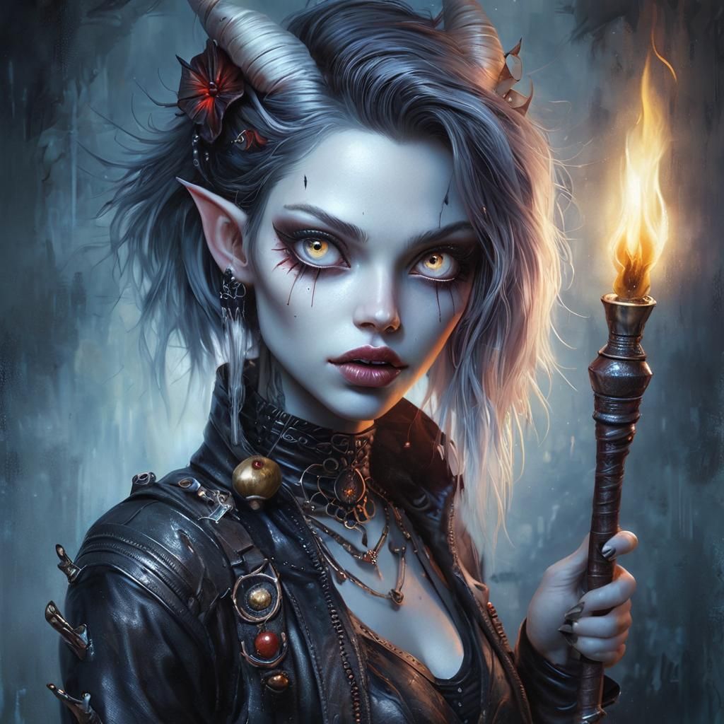 Anthropoid Elfina Fairy with Torch, Oil Painting