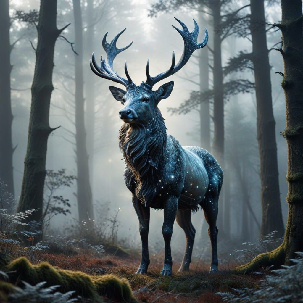 Stardust Stag in Misty Forest