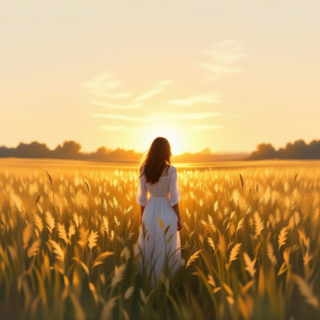 Figure in Tall Grass at Dawn, Romantic Oil Painting