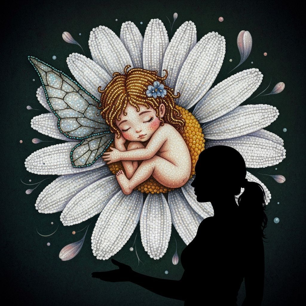 Fairy Sleeping in Beaded Daisy Flower, Fantasy Illustration