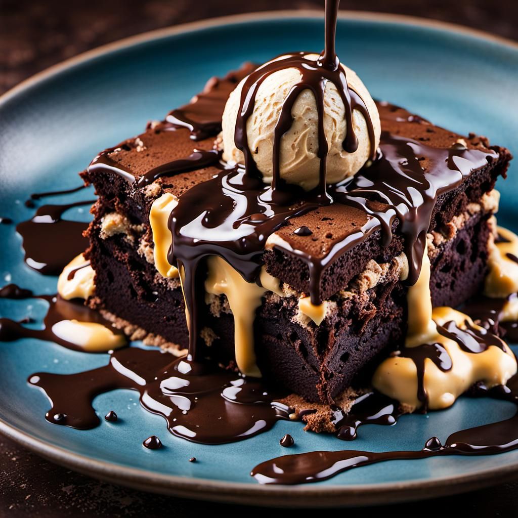 Yummy Chocolate Brownie With Vanilla Ice Cream Melting