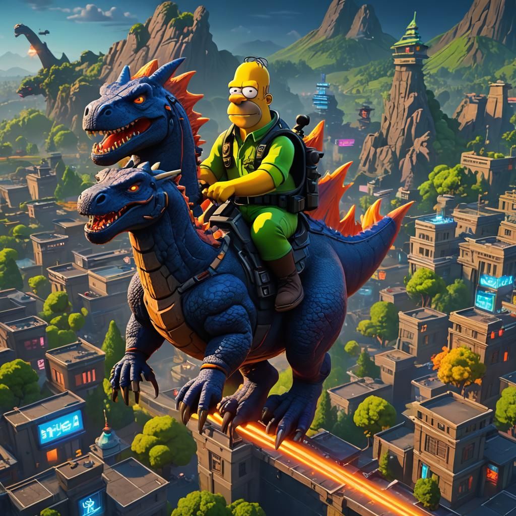 Homer Simpson Rides Godzilla in Fortnite Arena