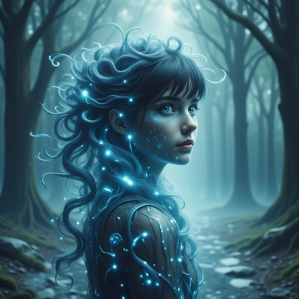 Ethereal Figure Amidst Bioluminescent Mist