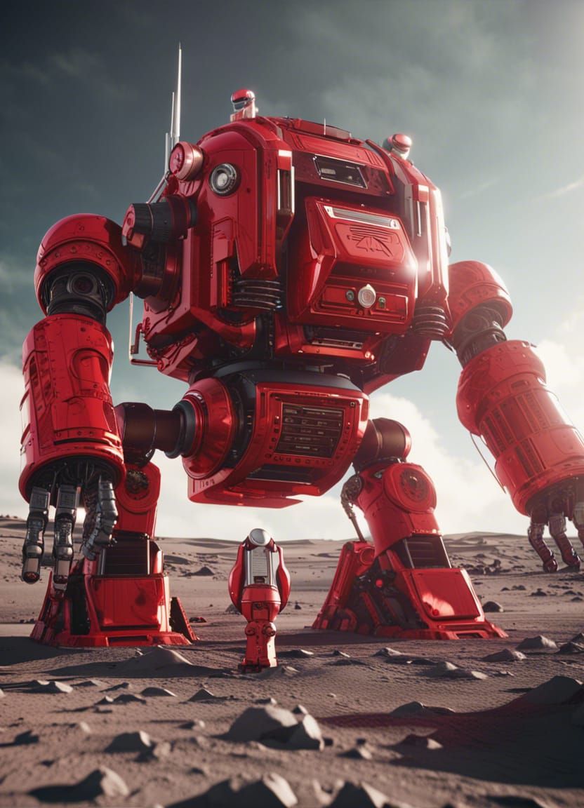 Giant Red Robot Walks on Moon: Sci-Fi Art