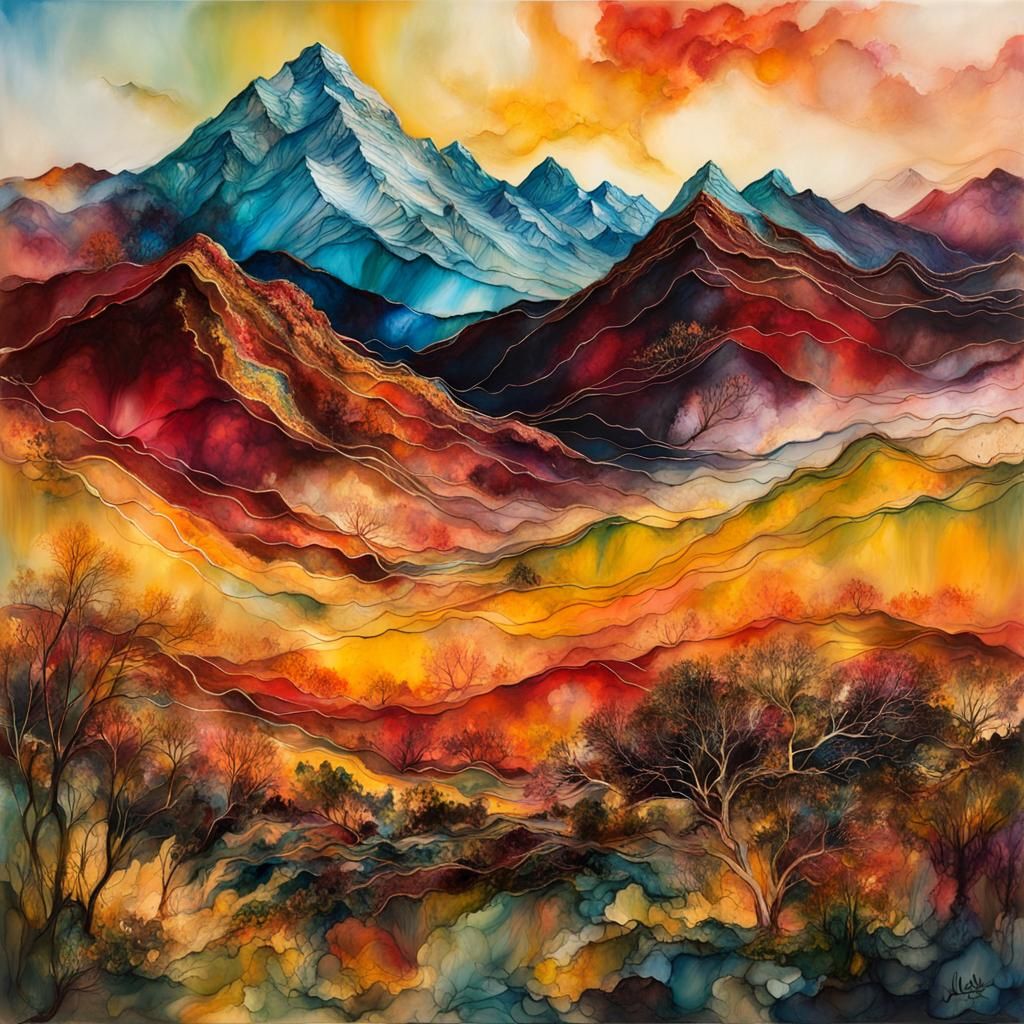 Encaustic Mountain Landscape with Golden Sunset