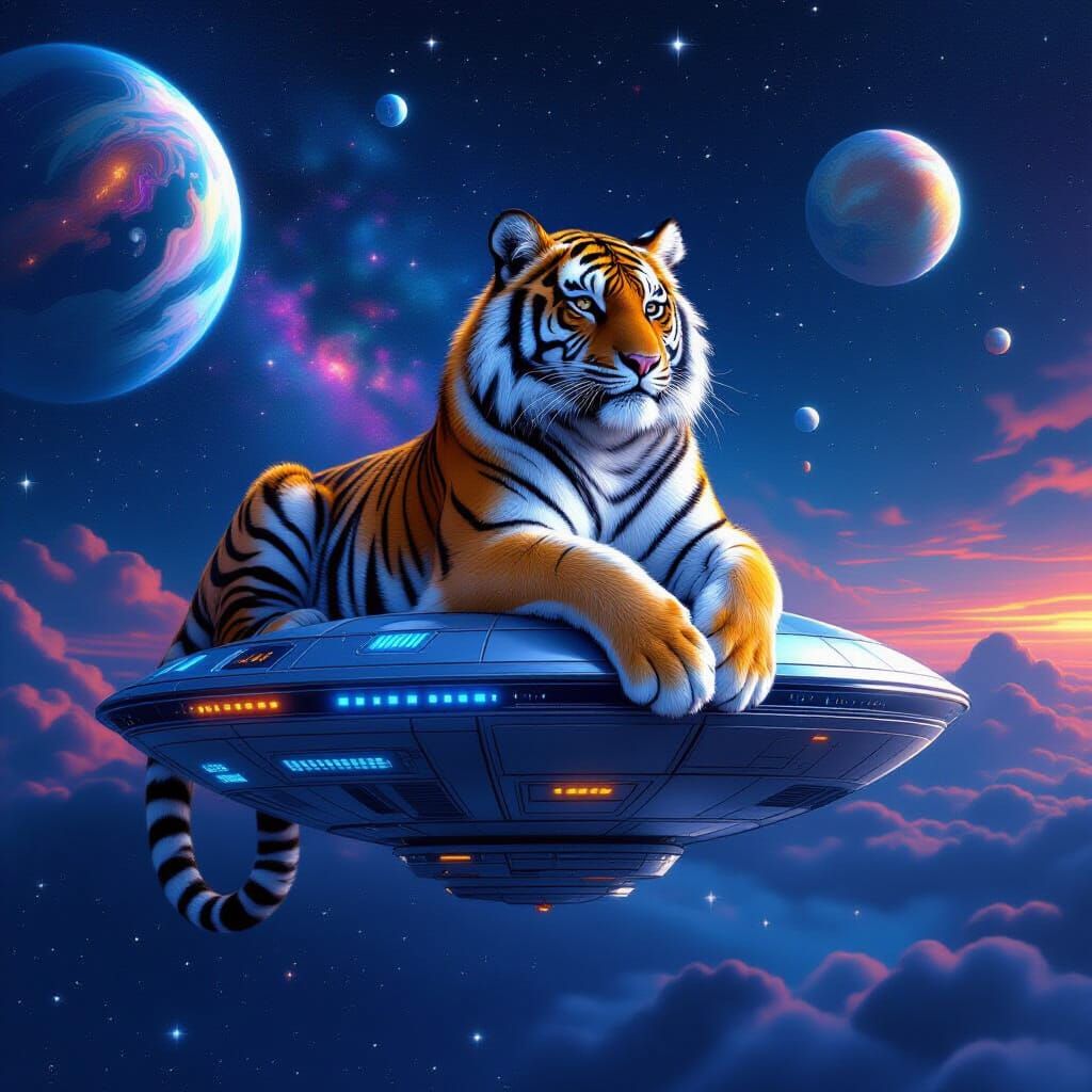 Cosmic Tiger on Futuristic Observatory in Space