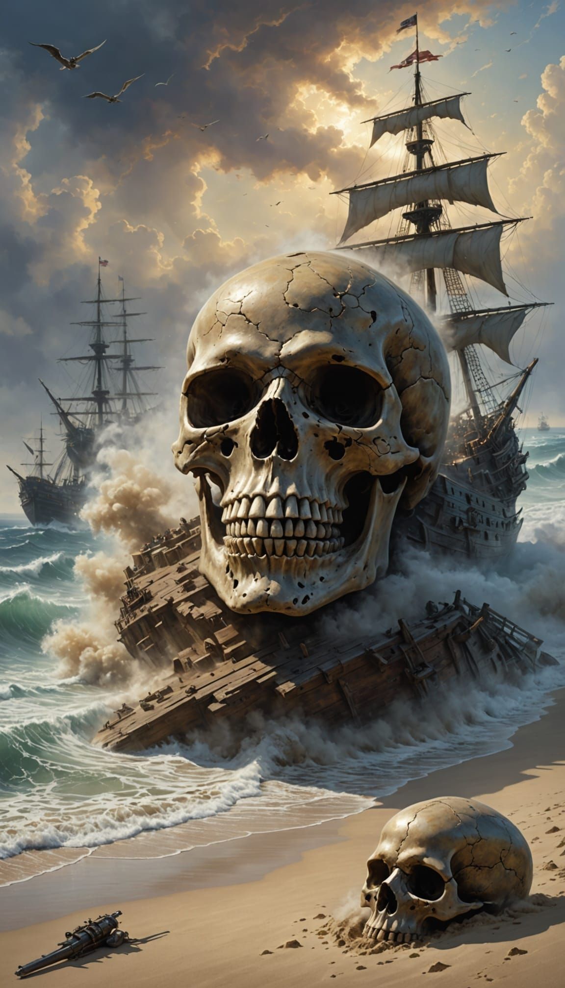Pirate Skull Scene in Ethereal Fantasy Landscape
