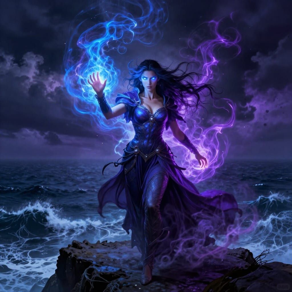Female Sorceress Conjuring Arcane Energy on Cliff