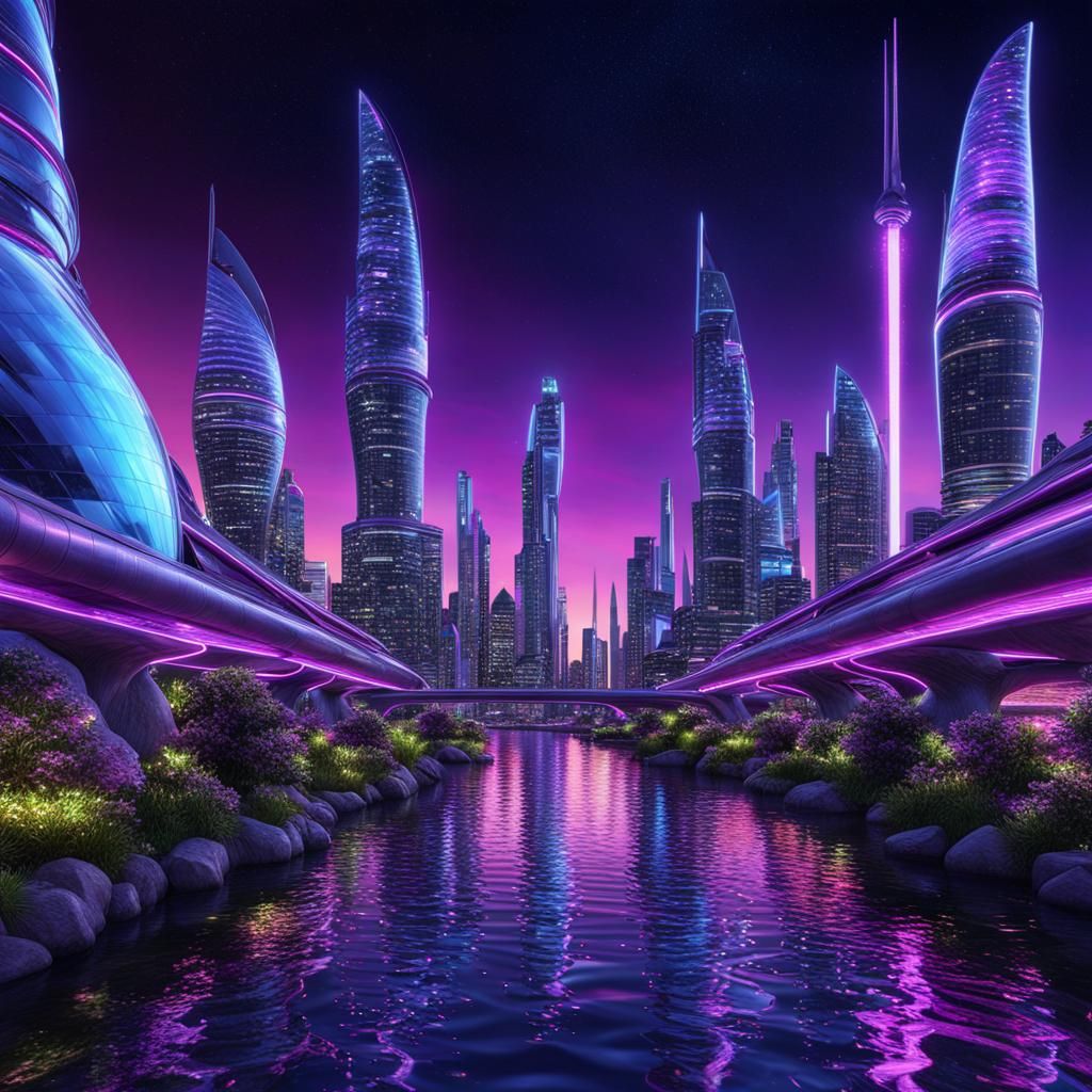 Futuristic Neon City at Night in Biopunk Style