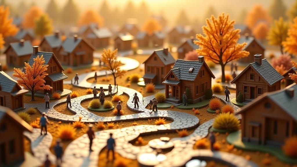 Miniature Autumn Village in Abstract Vector Style