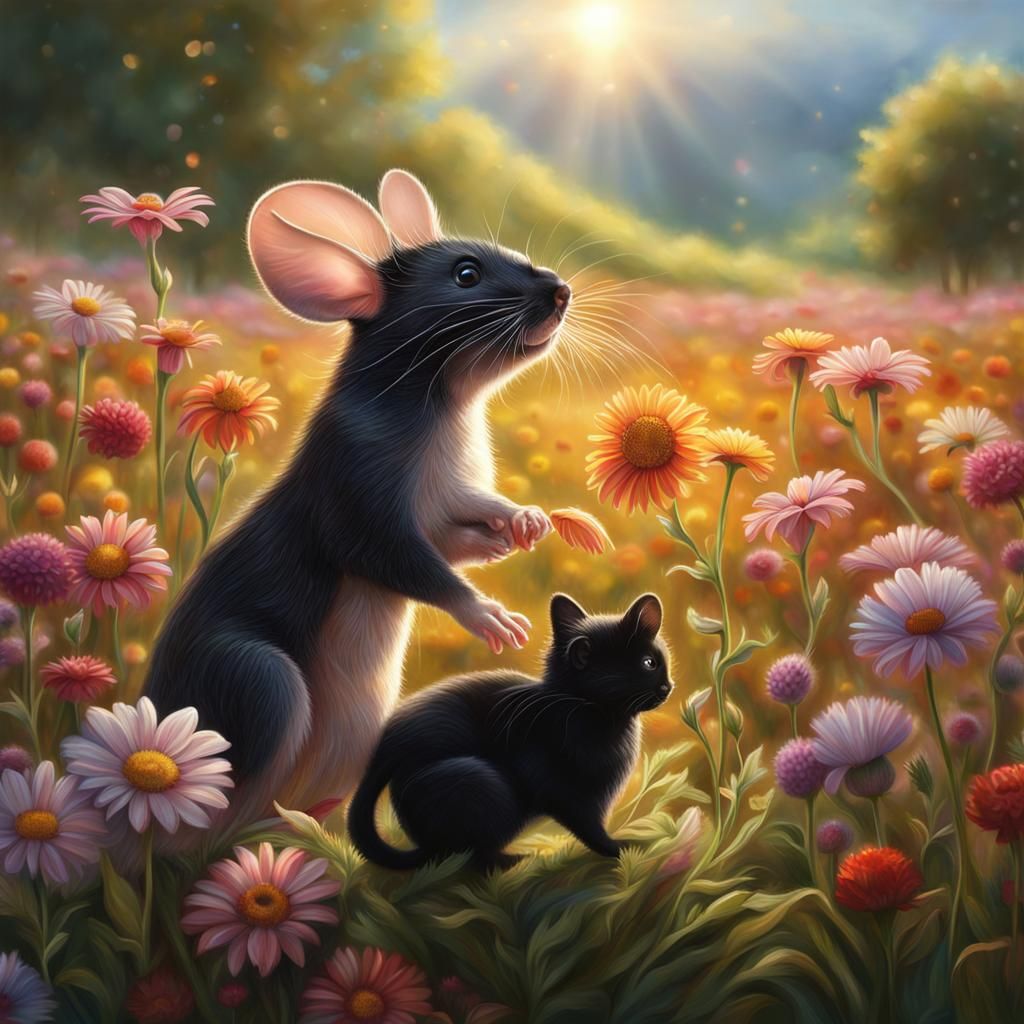 Kitten and Mouse Play in Sunny Flower Field