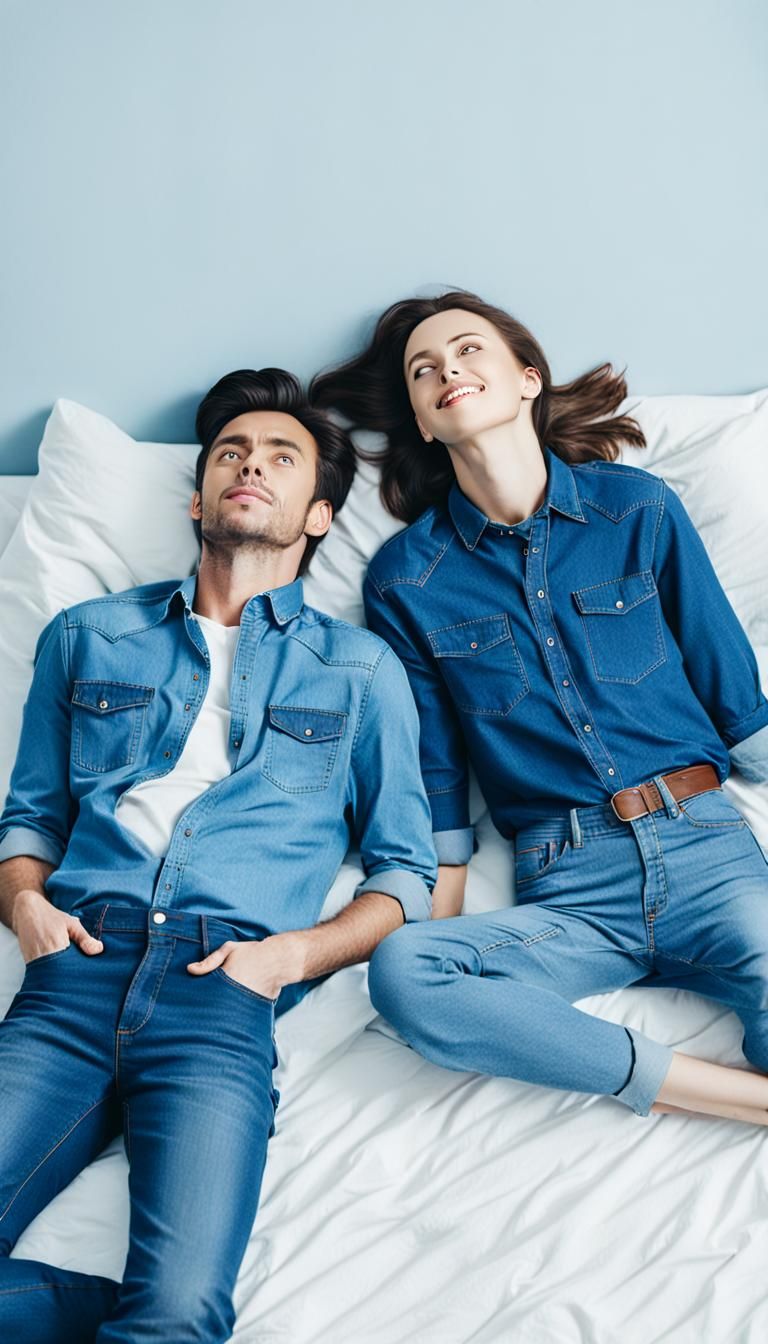 Couple in Denim Lying on Bed