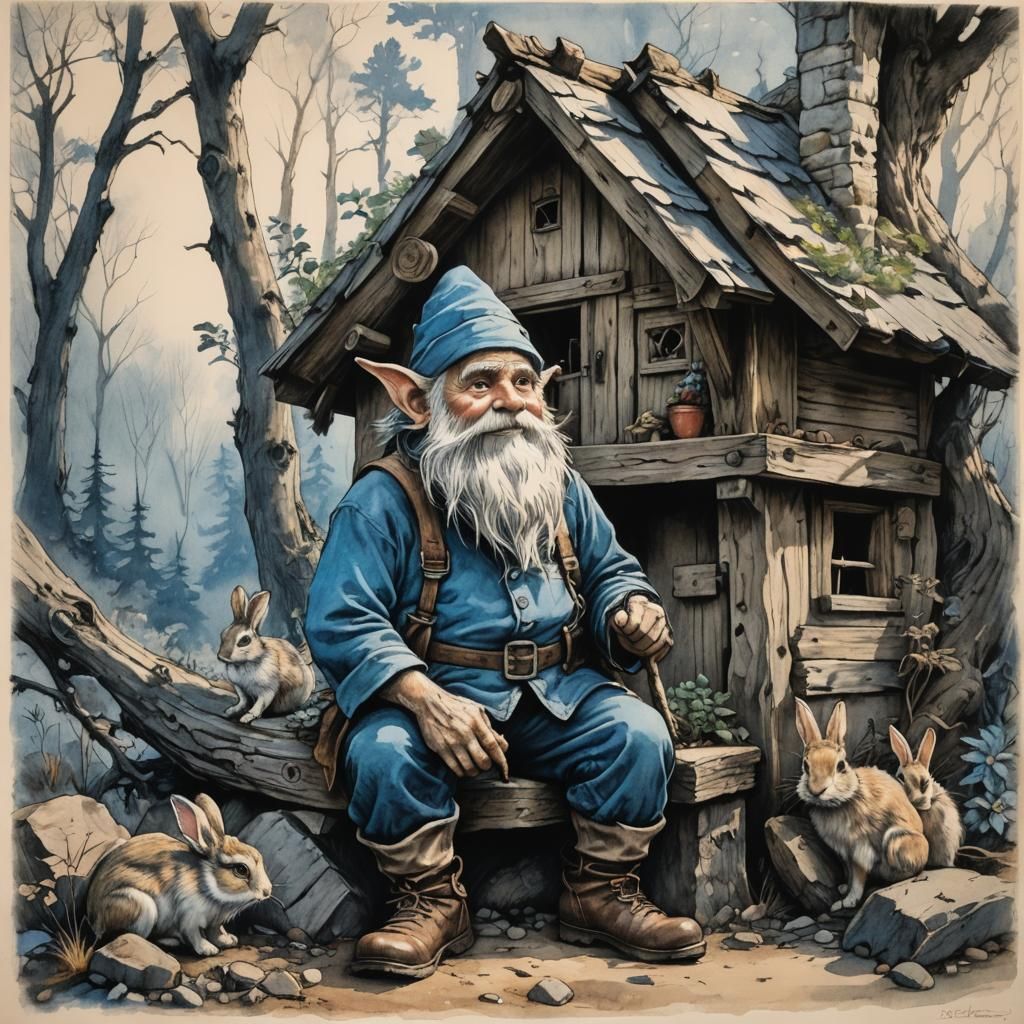 Gnome and Rabbit: Detailed Charcoal and Ink Sketch