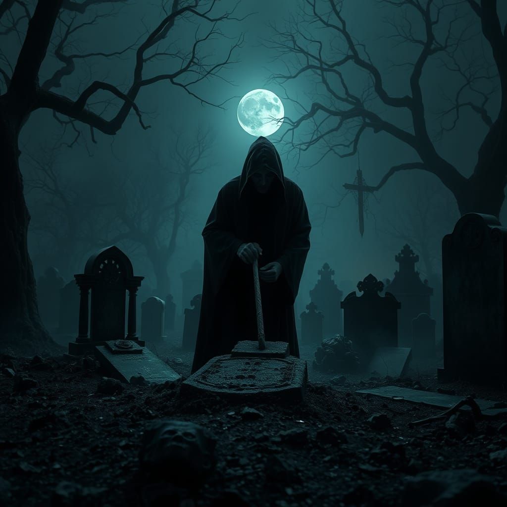 Grim Reaper in a Fog-Shrouded Cemetery at Dusk