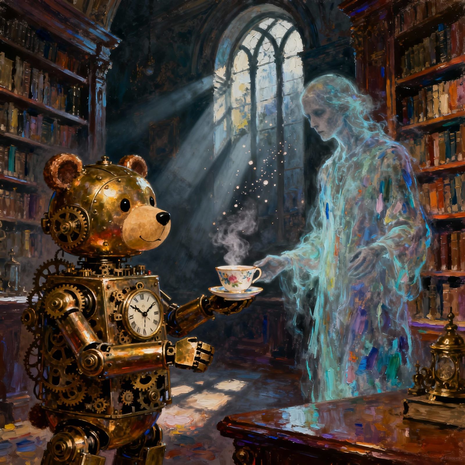 Clockwork Bear Serves Tea to Ghost in Steampunk Library