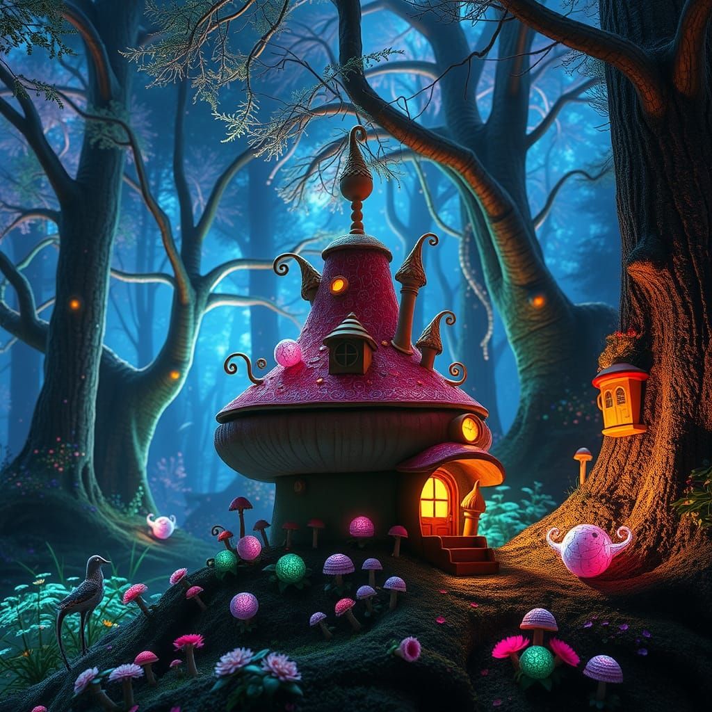 Enchanted Fairy Mushroom House in Bioluminescent Forest