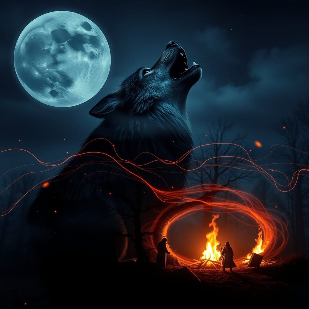 Wolf Howling Under Moonlit Sky with Dancing Witches
