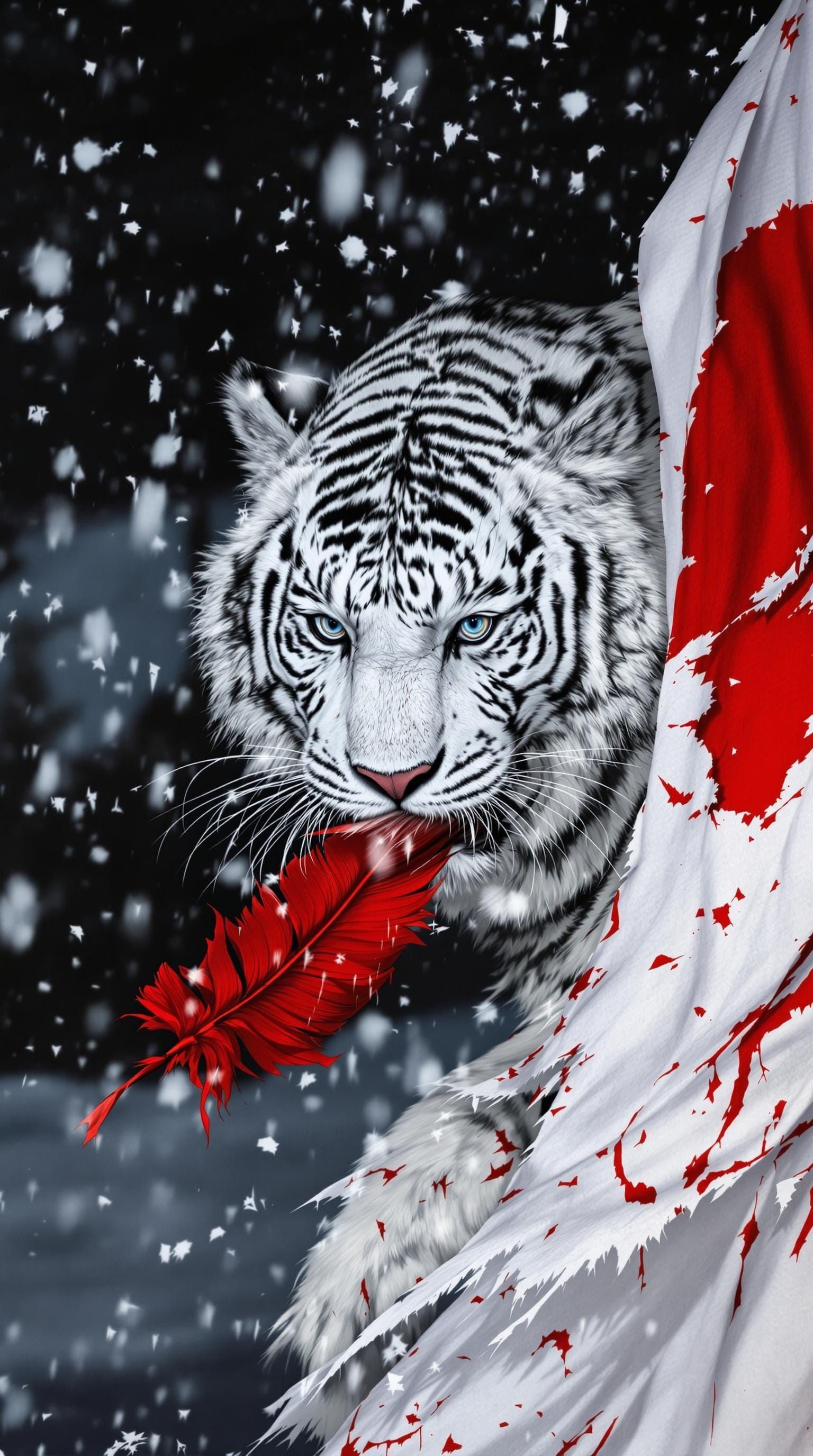 Cyberpunk Tiger Carries Red Feather in Snowy Night
