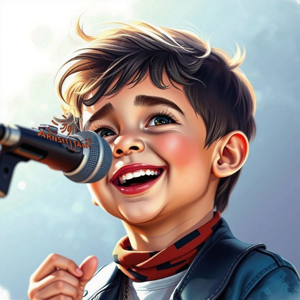 A one-year-old cute boy with a smile on his face, attractive eyes, a rock star, a lead singer singing live into a microp...