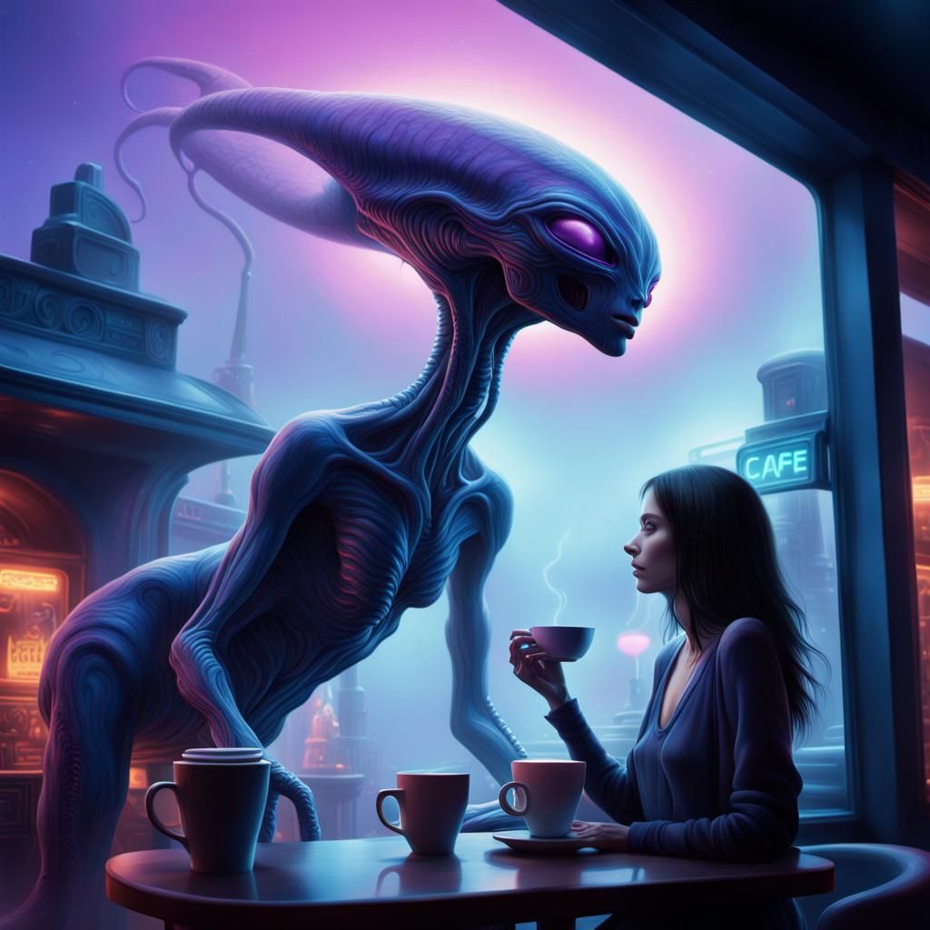 Alien Coffee Theft in a Roger Dean Dreamscape