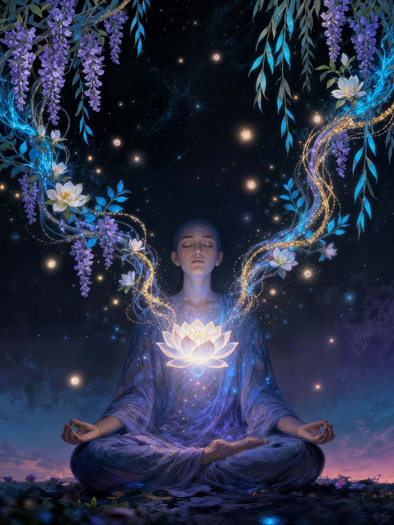 Meditating Figure Blooms with Light and Flora