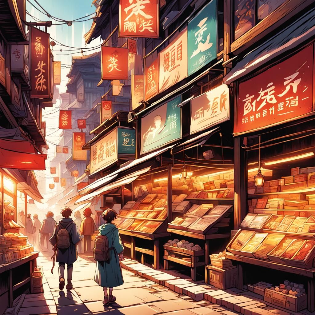 Lively Anime Fantasy Market in Cel-Shaded Style