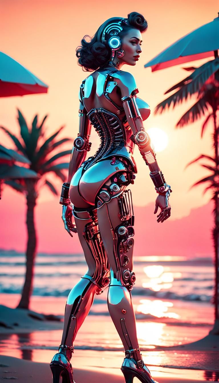 Cyborgs Dancing on Beach in Pin-Up Style