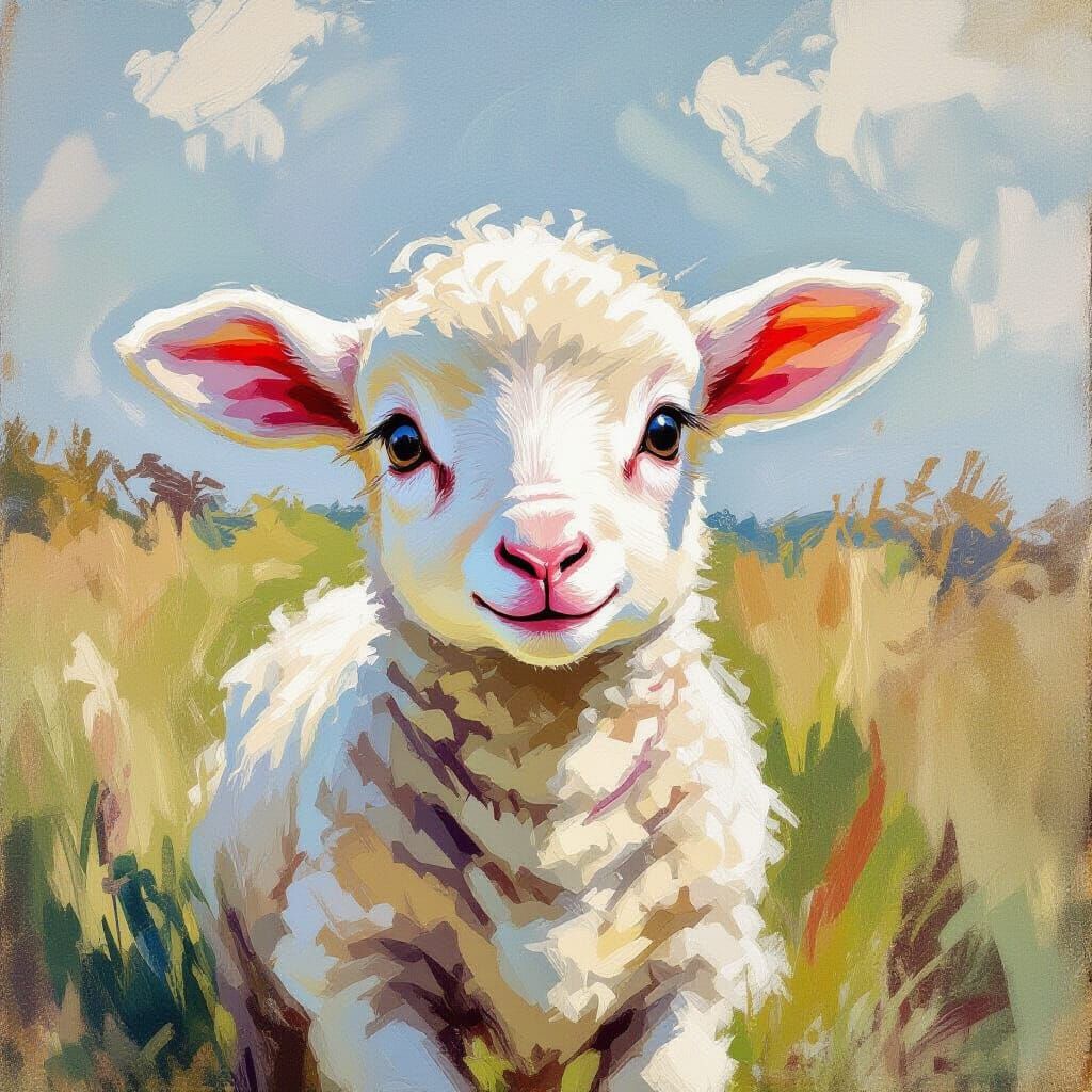 Impressionist Lamb with Big Eyes in Watercolour Style