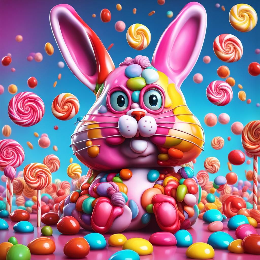 Sad Bad Bunny in Whimsical Candy Art Style