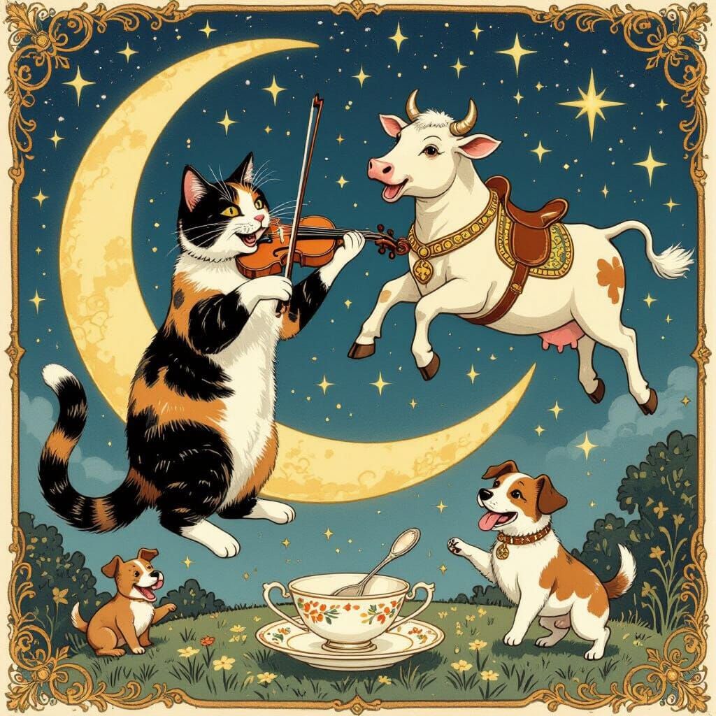 Whimsical Cat Fiddles as Cow Jumps Over Moon