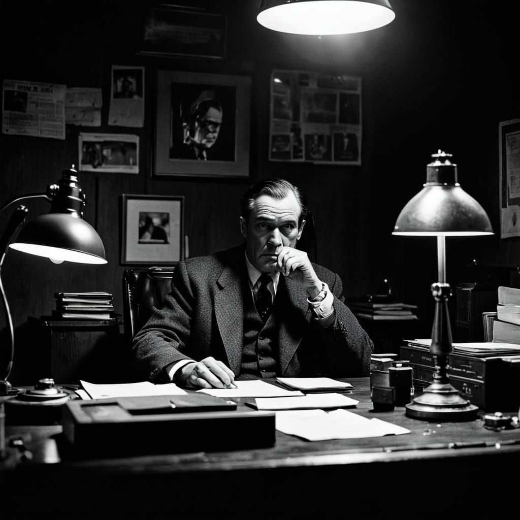 Gritty Detective in Noir-Style Office Scene