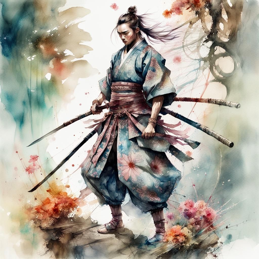 Samurai in Watercolor Fairytale Illustration