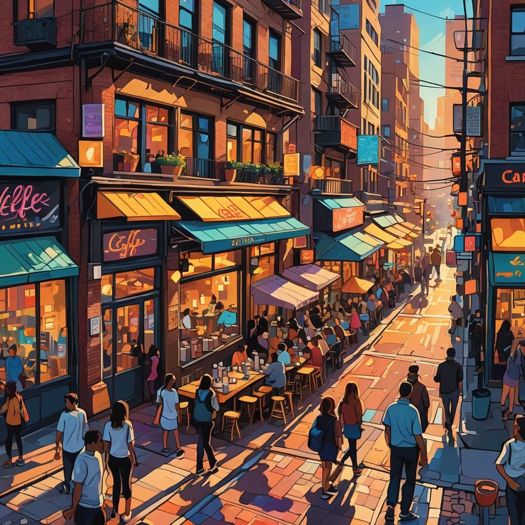 Coffee Shop Overload: Fauvist Cityscape in Digital Art