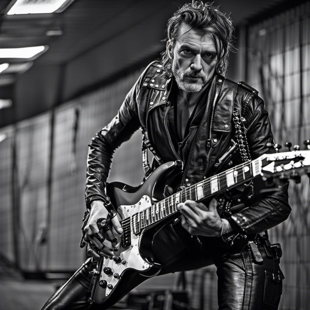 Heavy Metal Guitarist in Hyperrealistic Helmut Newton Style