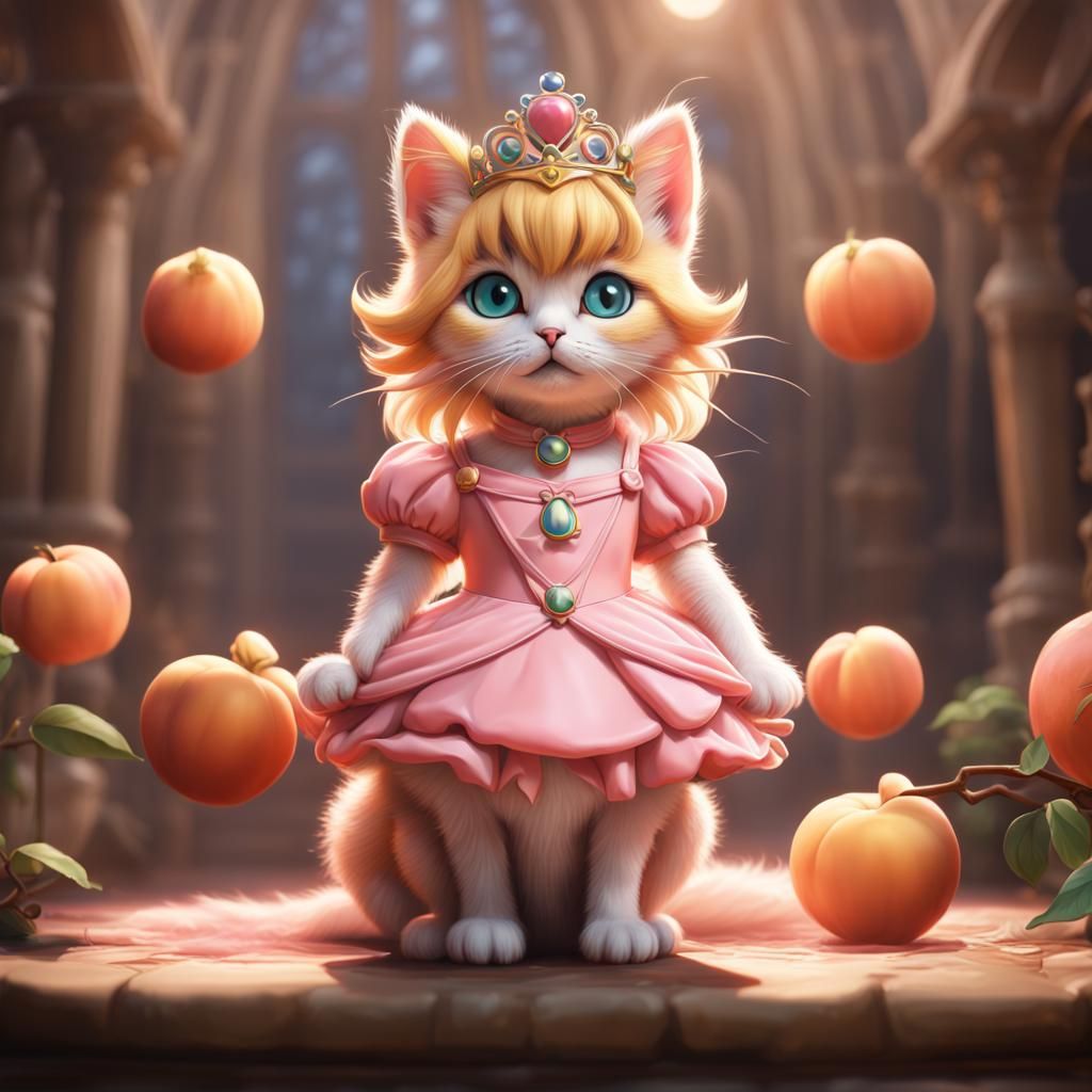 Kitten as Princess Peach: Detailed Fantasy Art