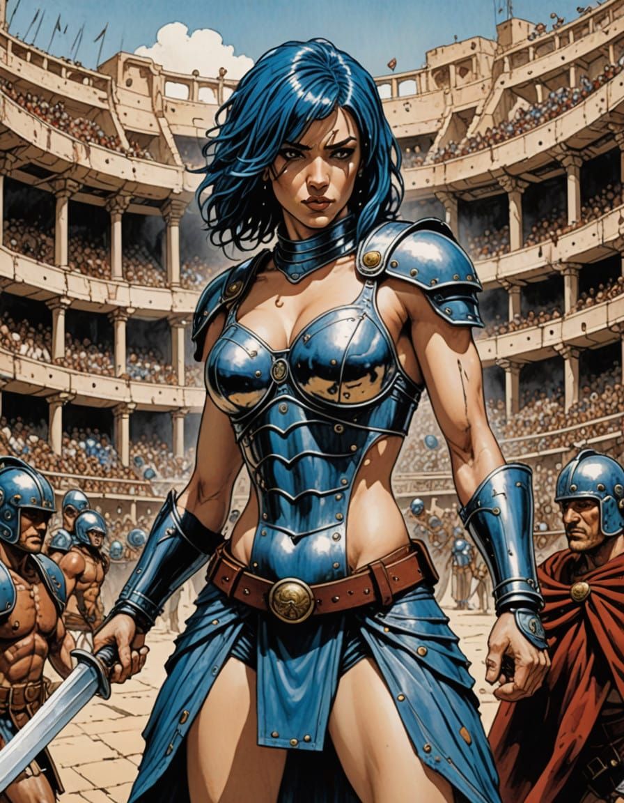Cyberpunk Gladiator Woman Battles Machine in Ancient Arena