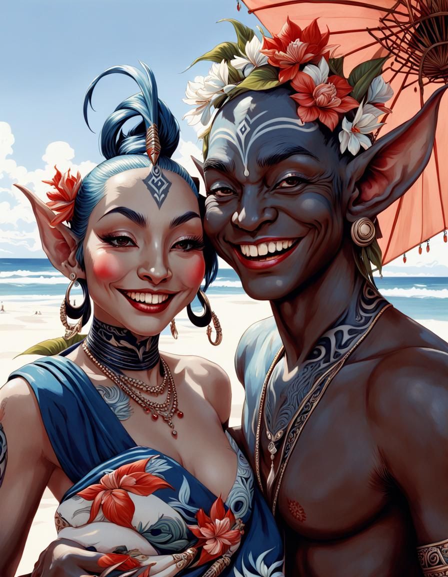Blue Maori Goblins on the Beach in Art Nouveau Style