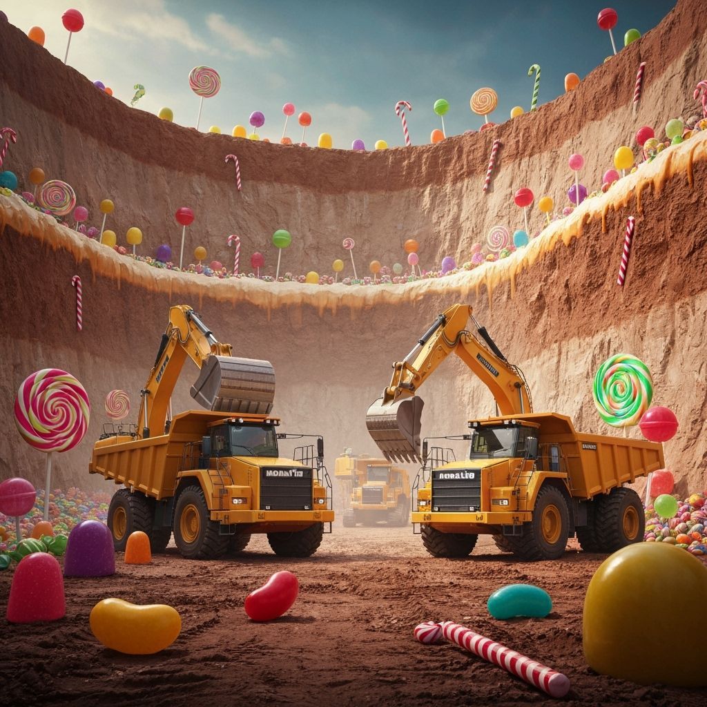 Giant Candy Quarry: Trucks Haul Sweets in Whimsical Landscap...
