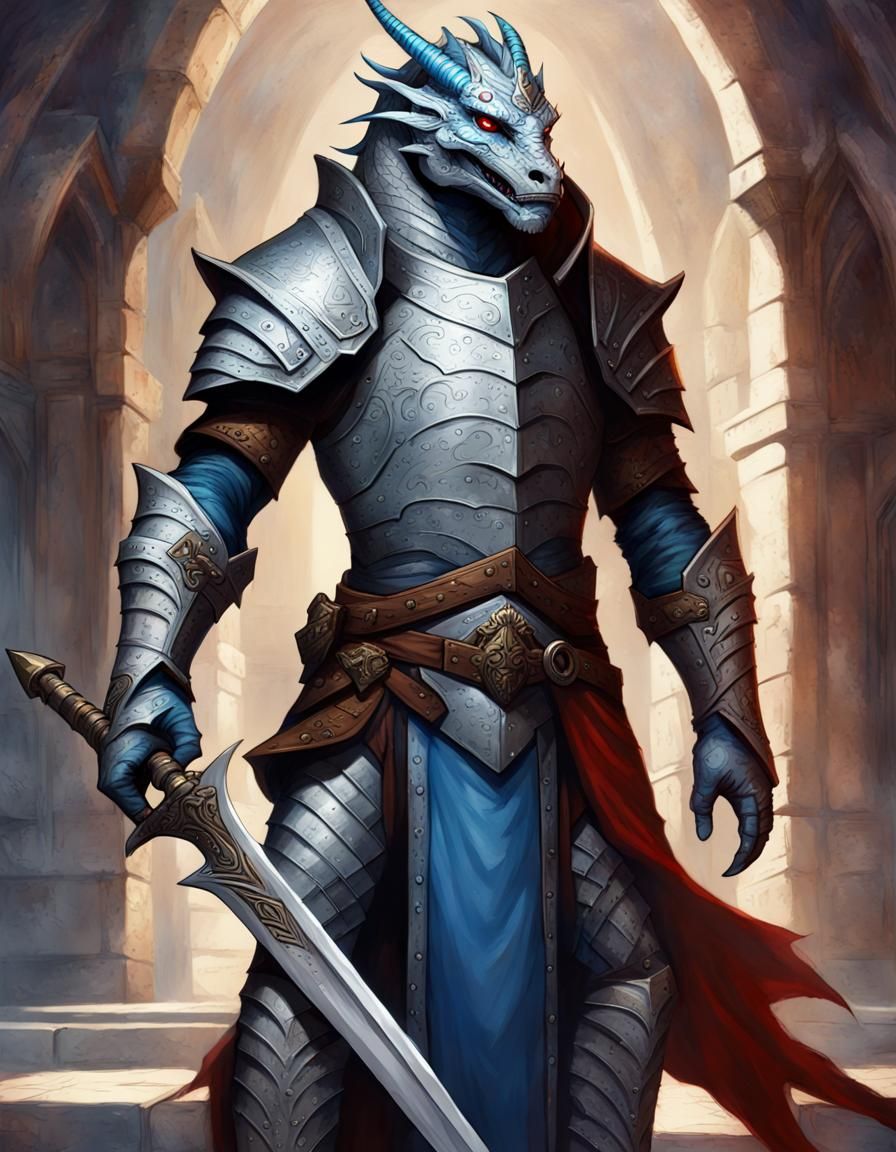 Dragonborn Paladin in Silver Armor, Retro Medieval Style