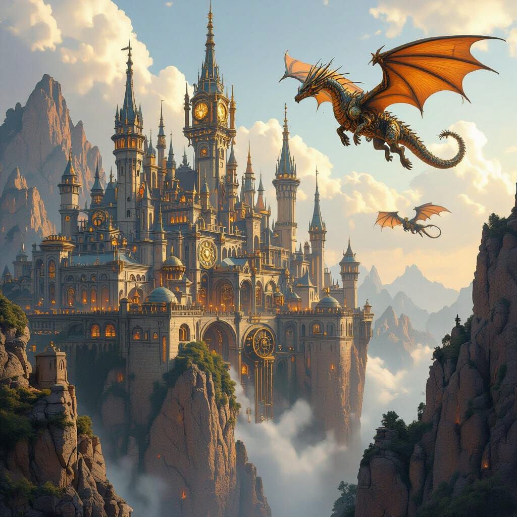 Steampunk Medieval Dragon City on Cliffs