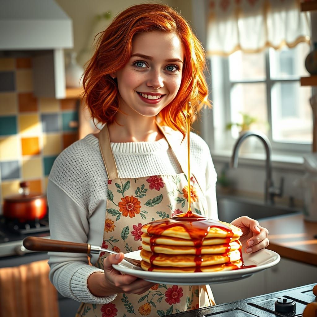 Warm American Tradwife Cooking Fluffy Pancakes in Cozy Kitch...