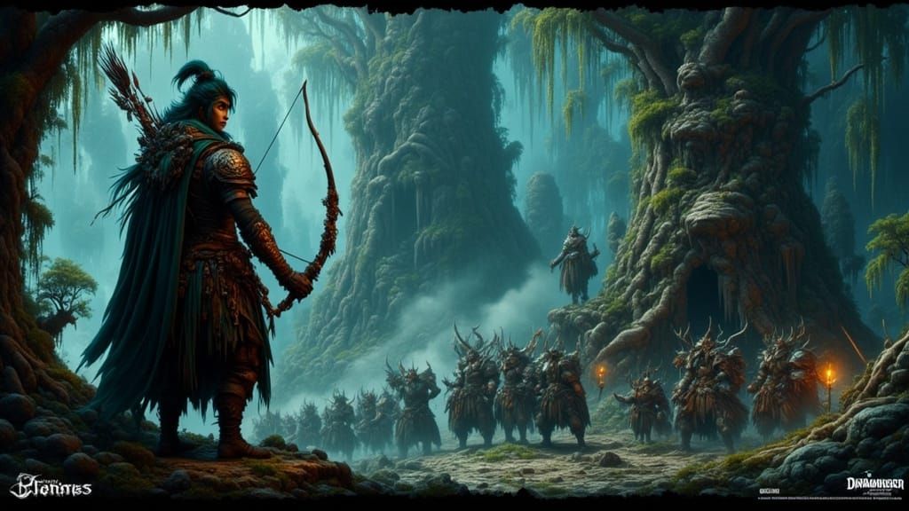 Wood Elf Ranger in Misty Woodland Glade with Orcs