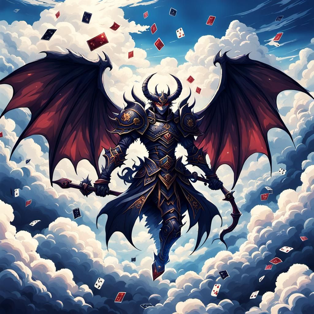 Demon Playing Cards in Anime Cloudscape